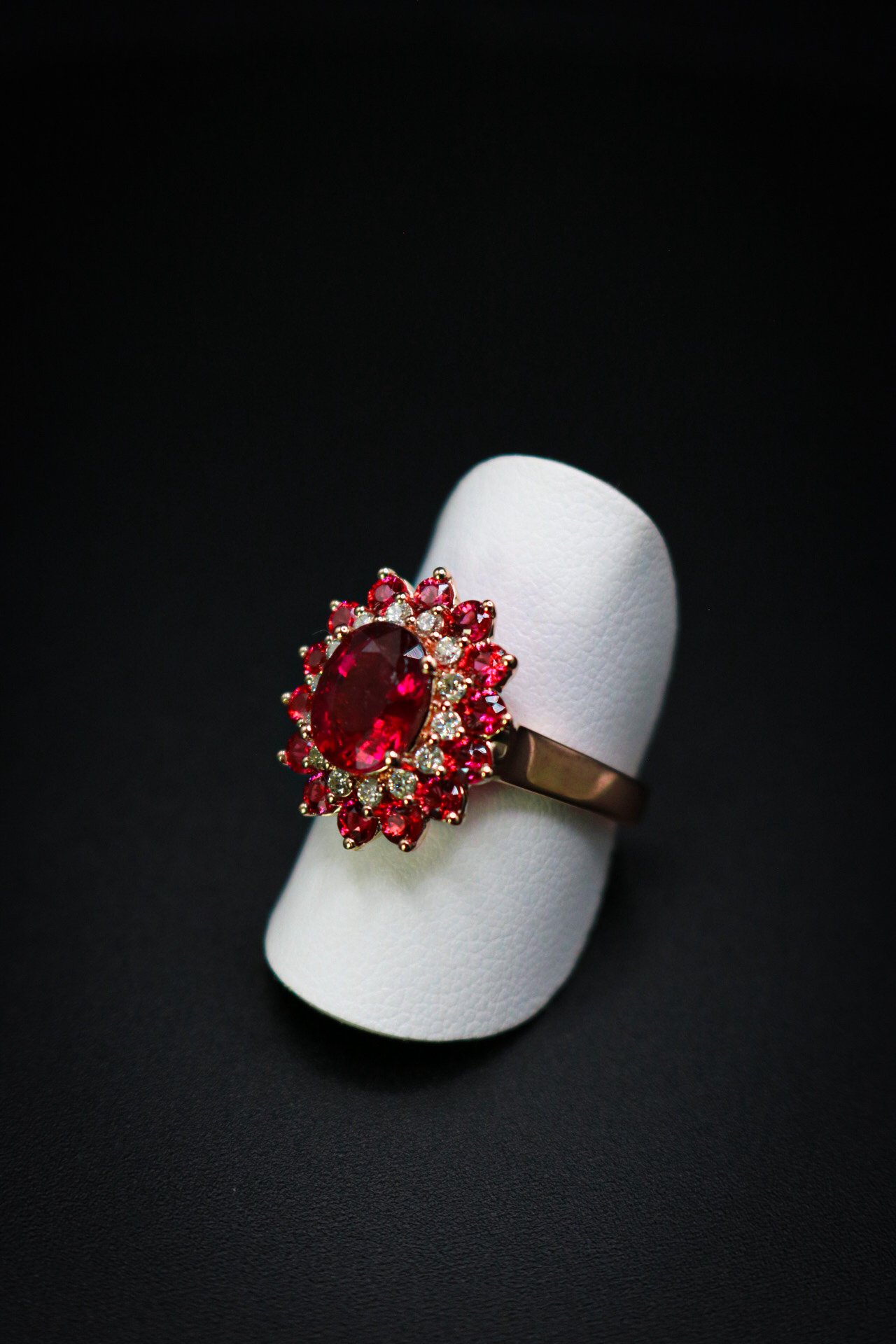 Full Bloom — Yaneth Reyes pink tourmaline ring with pink spinel and natural diamond halos